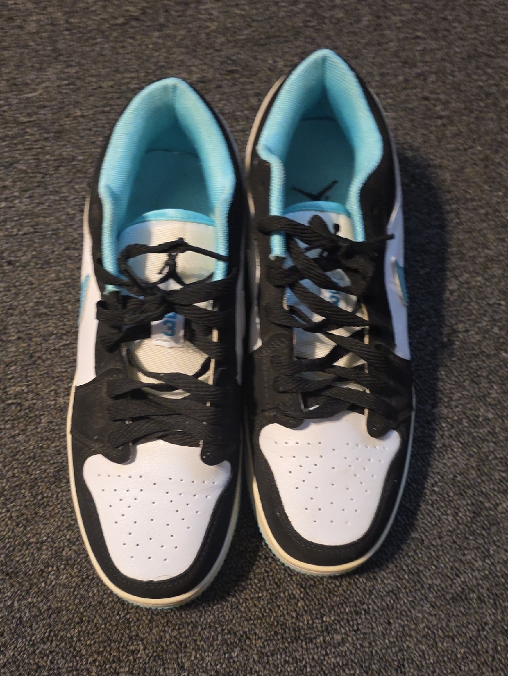Men's Jordans Black & White Low-Top Sneakers with Light Blue Lining Size 9